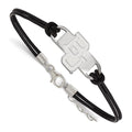 Sterling Silver Rhodium-plated LogoArt Baylor University Bears Small Center Black Leather 7  inch Bracelet with Extender