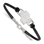 Sterling Silver Rhodium-plated LogoArt Baylor University Bears Small Center Black Leather 7  inch Bracelet with Extender