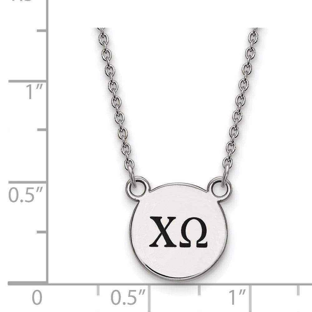 Sterling Silver Rhodium-plated LogoArt Chi Omega Sorority Greek Letters Small Black Enamel Pendant 18 inch Necklace