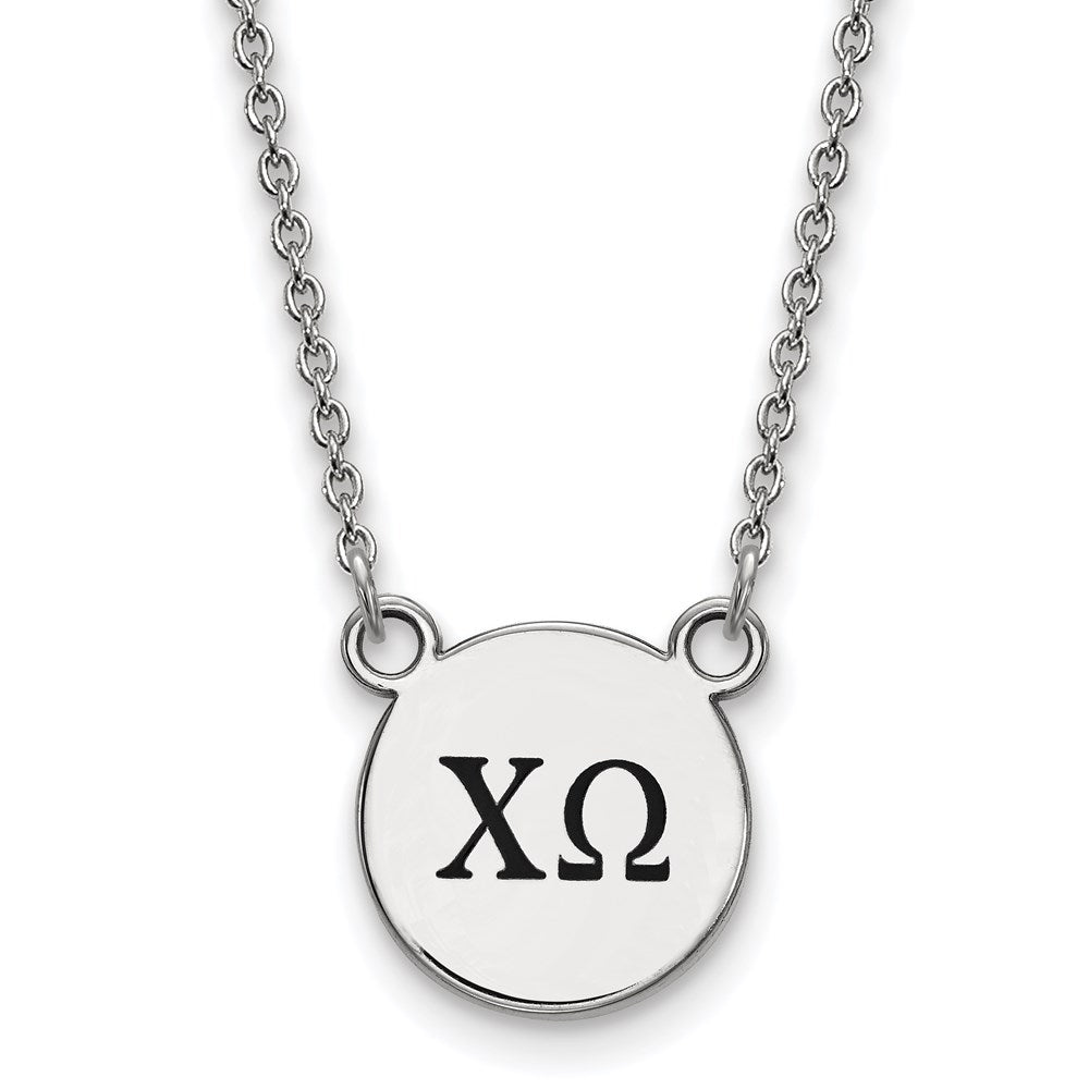 Sterling Silver Rhodium-plated LogoArt Chi Omega Sorority Greek Letters Small Black Enamel Pendant 18 inch Necklace
