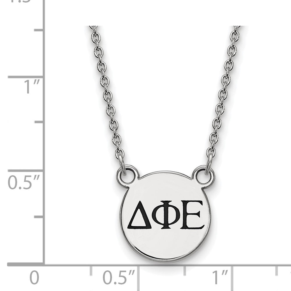 Sterling Silver Rhodium-plated LogoArt Delta Phi Epsilon Sorority Greek Letters Small Black Enamel Pendant 18 inch Necklace