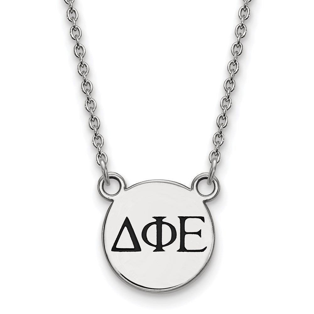 Sterling Silver Rhodium-plated LogoArt Delta Phi Epsilon Sorority Greek Letters Small Black Enamel Pendant 18 inch Necklace