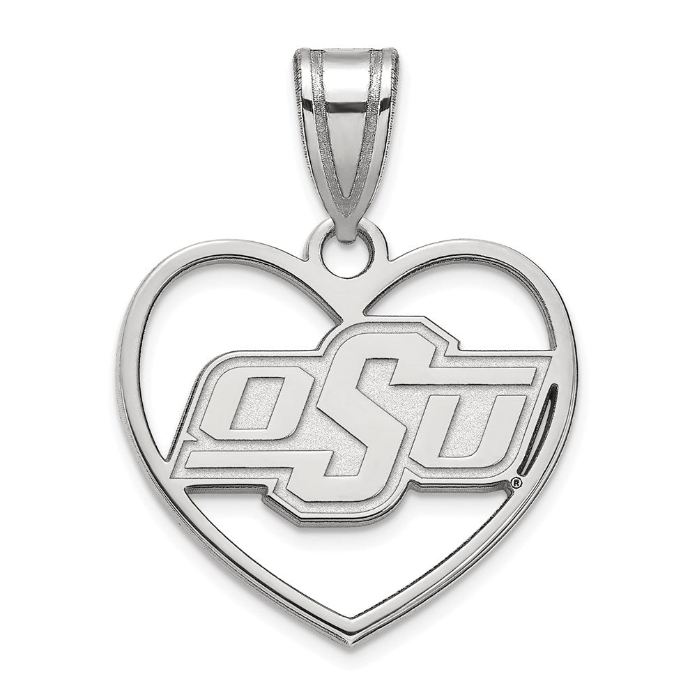 Sterling Silver Rhodium-plated LogoArt Oklahoma State University O-S-U Heart Pendant
