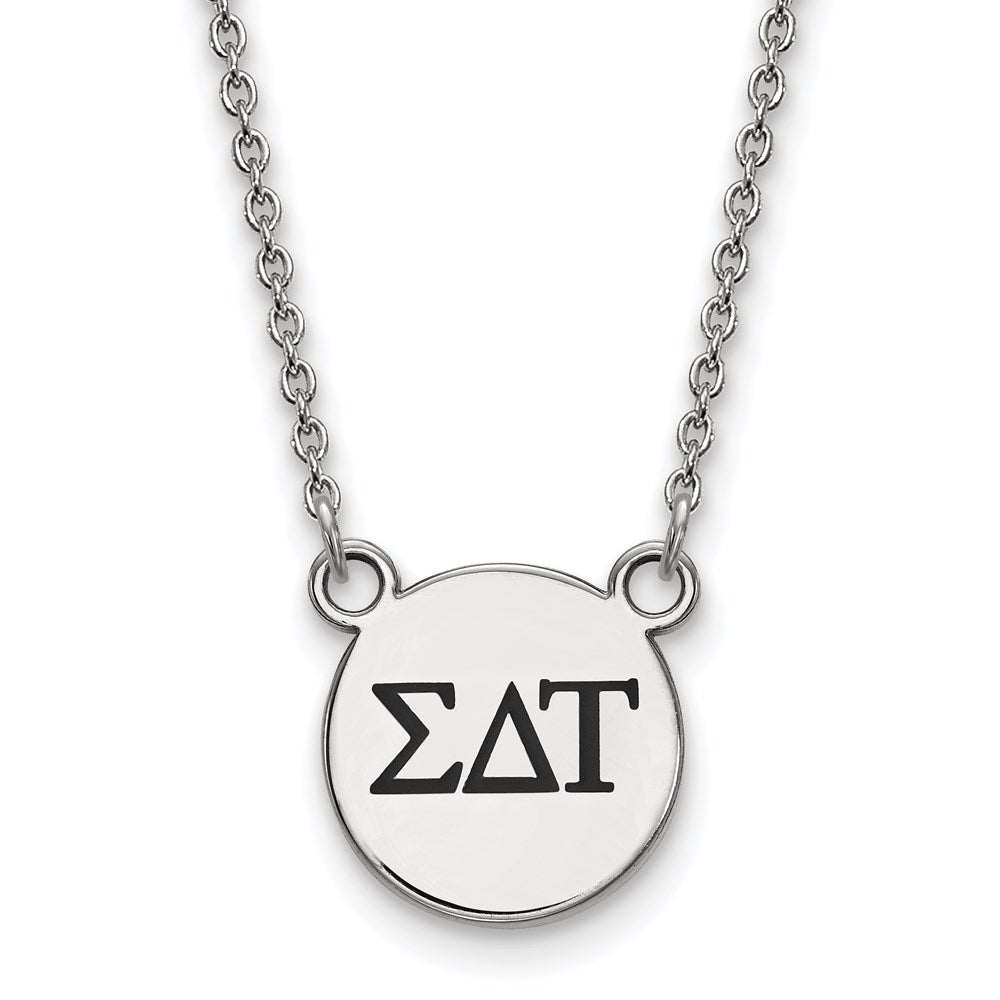 Sterling Silver Rhodium-plated LogoArt Sigma Delta Tau Sorority Greek Letters Small Black Enamel Pendant 18 inch Necklace