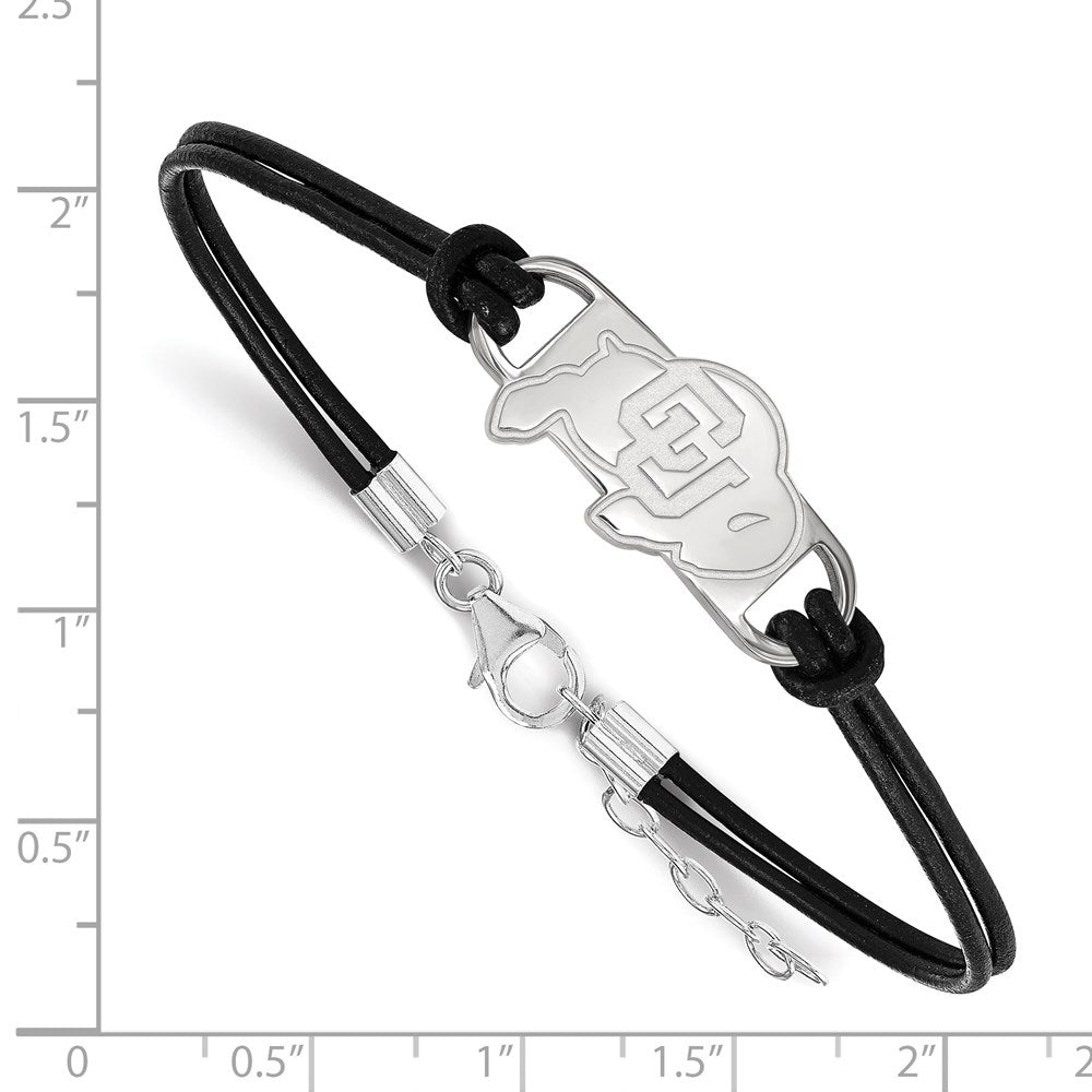 Sterling Silver Rhodium-plated LogoArt University of Colorado Buffalo Small Center Black Leather 7 inch Bracelet with Extender
