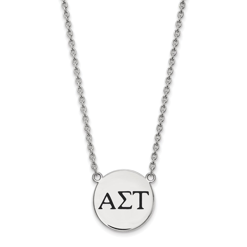 Sterling Silver Rhodium-plated LogoArt Alpha Sigma Tau Sorority Greek Letters Large Black Enamel Pendant 18 inch Necklace