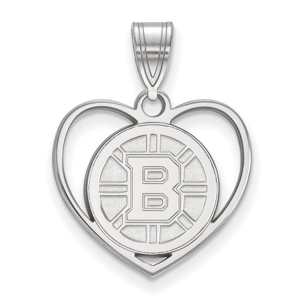 Sterling Silver Rhodium-plated NHL LogoArt Boston Bruins Heart Pendant