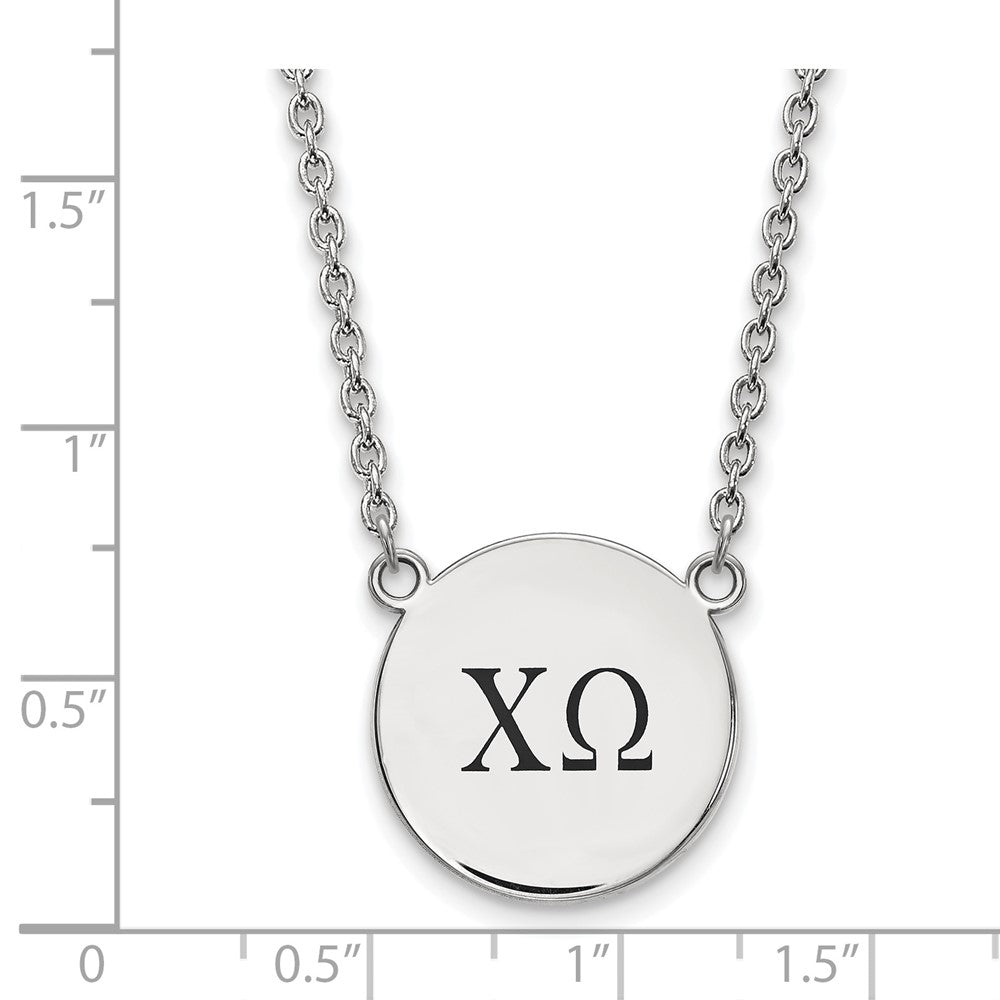 Sterling Silver Rhodium-plated LogoArt Chi Omega Sorority Greek Letters Large Black Enamel Pendant 18 inch Necklace