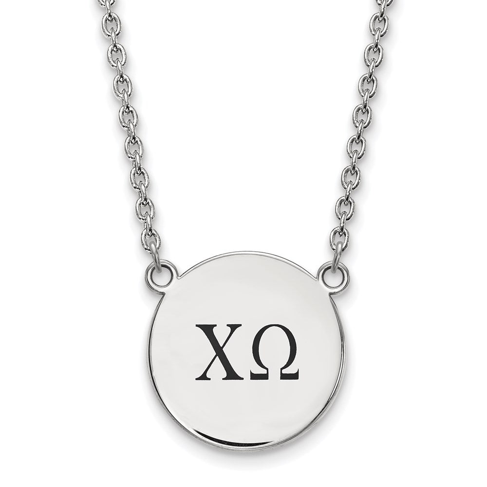 Sterling Silver Rhodium-plated LogoArt Chi Omega Sorority Greek Letters Large Black Enamel Pendant 18 inch Necklace