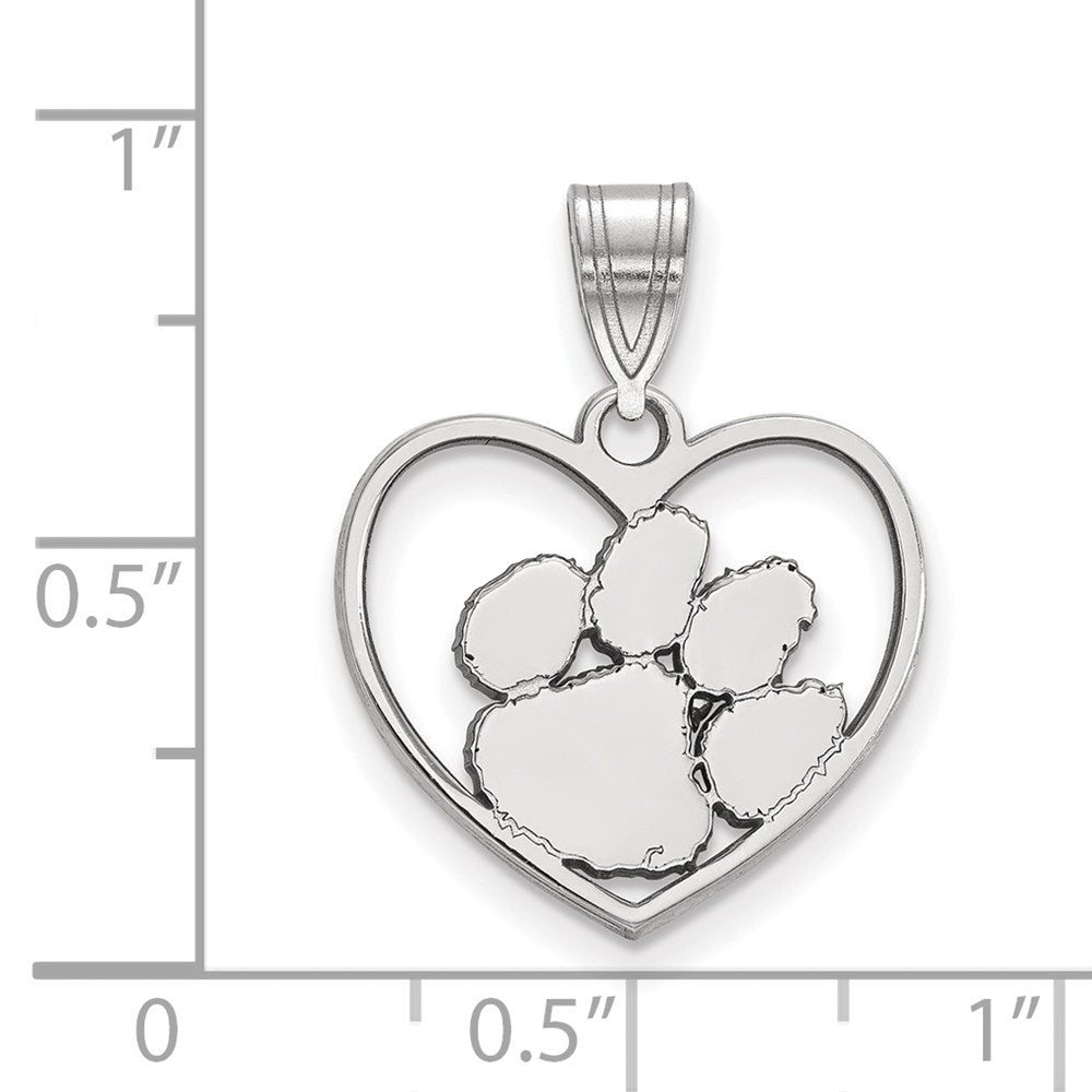 Sterling Silver Rhodium-plated LogoArt Clemson University Tiger Paw Heart Pendant