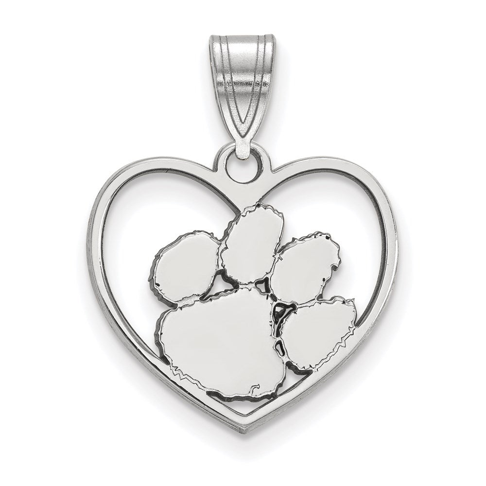 Sterling Silver Rhodium-plated LogoArt Clemson University Tiger Paw Heart Pendant