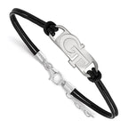 Sterling Silver Rhodium-plated LogoArt Georgia Institute of Technology G-T Small Center Black Leather 7 inch Bracelet with Extender