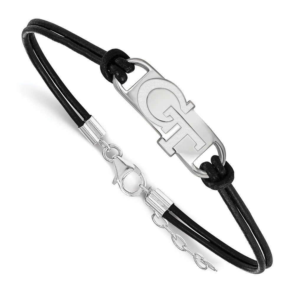 Sterling Silver Rhodium-plated LogoArt Georgia Institute of Technology G-T Small Center Black Leather 7 inch Bracelet with Extender
