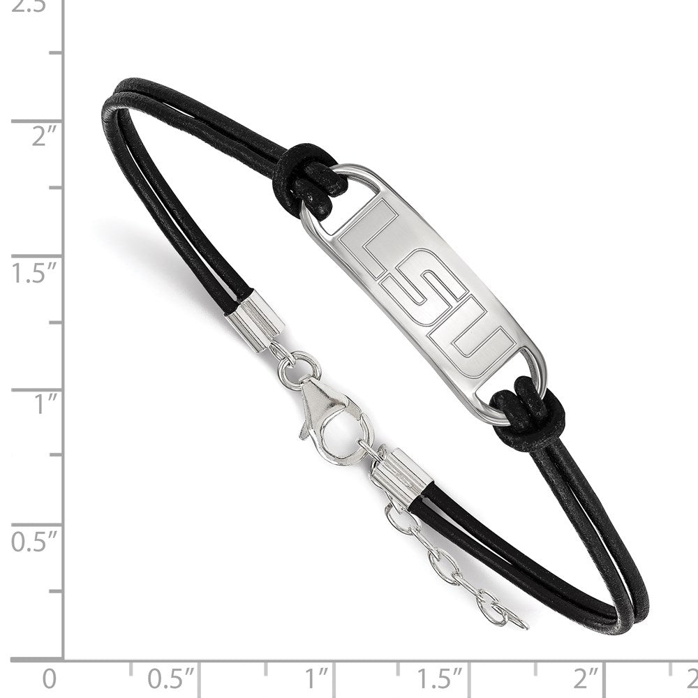 Sterling Silver Rhodium-plated LogoArt Louisiana State University L-S-U Small Center Black Leather 7 inch Bracelet with Extender