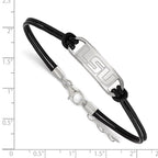Sterling Silver Rhodium-plated LogoArt Louisiana State University L-S-U Small Center Black Leather 7 inch Bracelet with Extender
