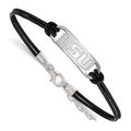 Sterling Silver Rhodium-plated LogoArt Louisiana State University L-S-U Small Center Black Leather 7 inch Bracelet with Extender