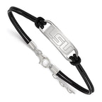 Sterling Silver Rhodium-plated LogoArt Louisiana State University L-S-U Small Center Black Leather 7 inch Bracelet with Extender