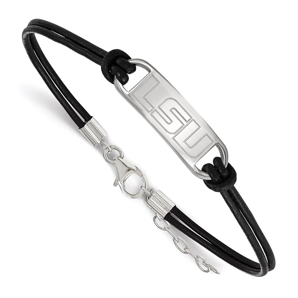 Sterling Silver Rhodium-plated LogoArt Louisiana State University L-S-U Small Center Black Leather 7 inch Bracelet with Extender