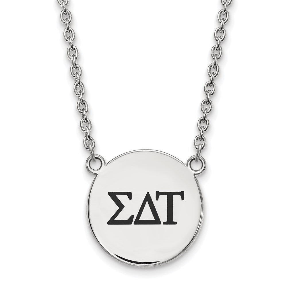 Sterling Silver Rhodium-plated LogoArt Sigma Delta Tau Sorority Greek Letters Large Black Enamel Pendant 18 inch Necklace