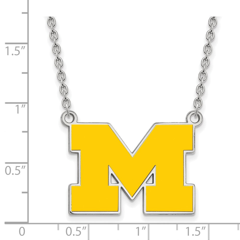 Sterling Silver Rhodium-plated LogoArt University of Michigan Letter M Large Yellow Enameled Pendant 18 inch Necklace