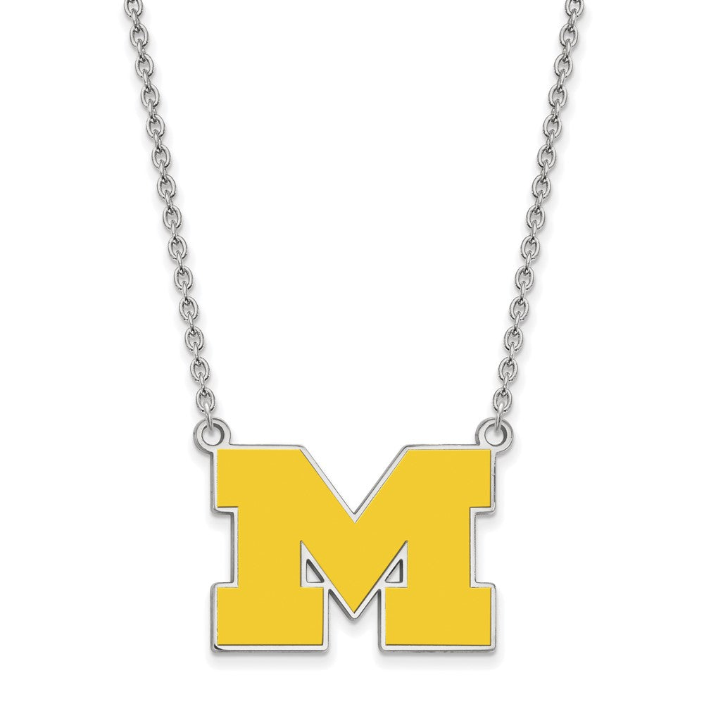 Sterling Silver Rhodium-plated LogoArt University of Michigan Letter M Large Yellow Enameled Pendant 18 inch Necklace