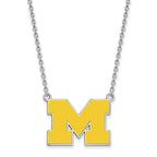 Sterling Silver Rhodium-plated LogoArt University of Michigan Letter M Large Yellow Enameled Pendant 18 inch Necklace