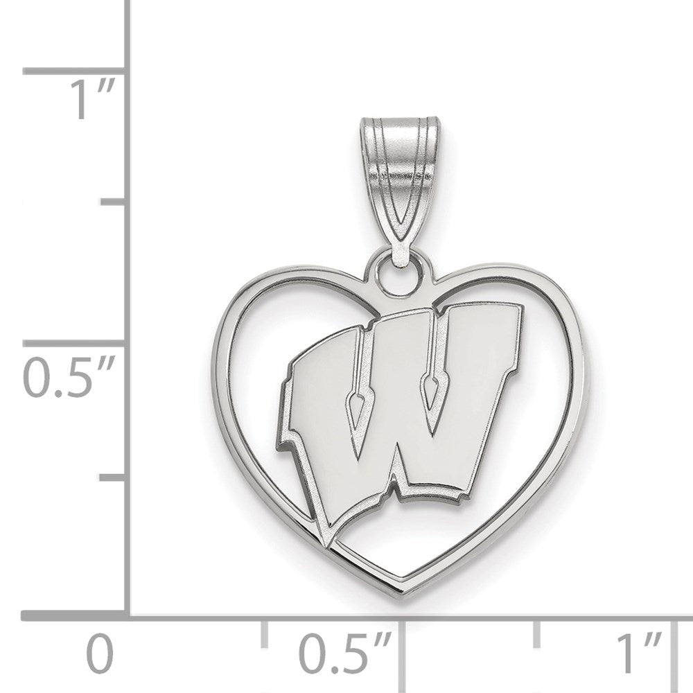 Sterling Silver Rhodium-plated LogoArt University of Wisconsin Heart Pendant