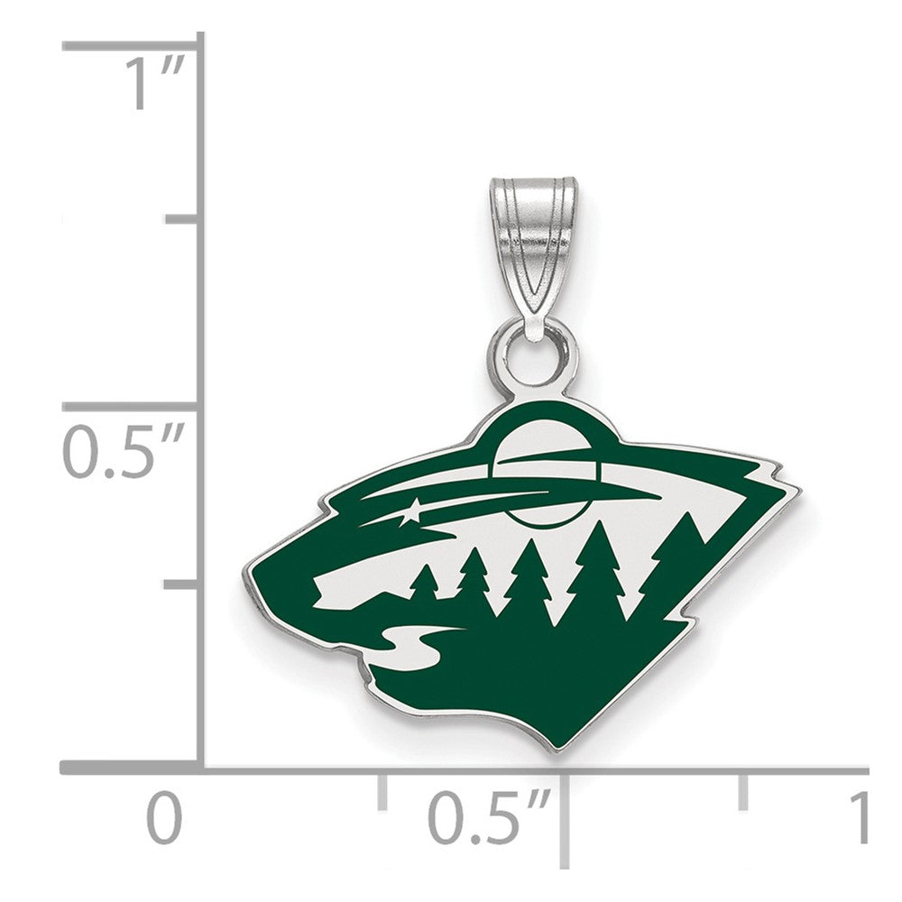 Sterling Silver Rhodium-plated NHL LogoArt Minnesota Wild Small Enameled Pendant