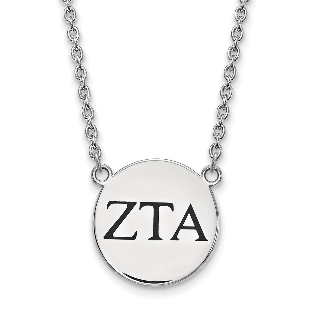 Sterling Silver Rhodium-plated LogoArt Zeta Tau Alpha Sorority Greek Letters Large Black Enamel Pendant 18 inch Necklace