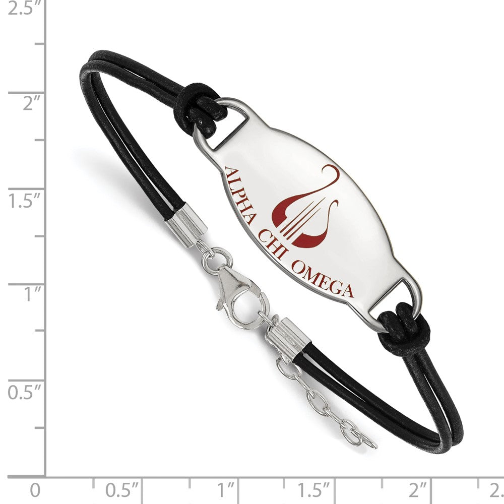 Sterling Silver Rhodium-plated LogoArt Alpha Chi Omega Sorority Symbol Color Enamel Black Leather 7 inch Bracelet with Extender