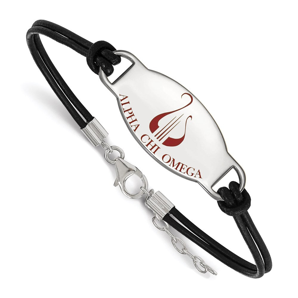 Sterling Silver Rhodium-plated LogoArt Alpha Chi Omega Sorority Symbol Color Enamel Black Leather 7 inch Bracelet with Extender