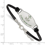 Sterling Silver Rhodium-plated LogoArt Alpha Sigma Tau Sorority Symbol Color Enamel Black Leather 7 inch Bracelet with Extender