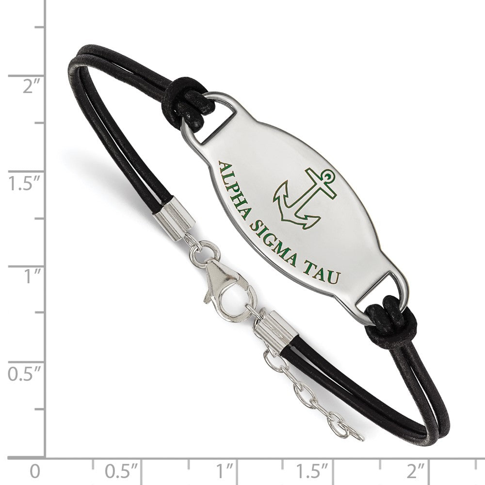 Sterling Silver Rhodium-plated LogoArt Alpha Sigma Tau Sorority Symbol Color Enamel Black Leather 7 inch Bracelet with Extender