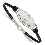 Sterling Silver Rhodium-plated LogoArt Alpha Sigma Tau Sorority Symbol Color Enamel Black Leather 7 inch Bracelet with Extender