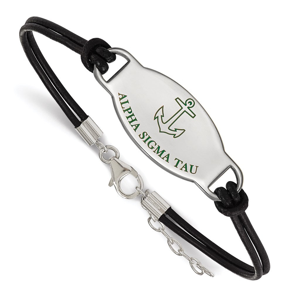Sterling Silver Rhodium-plated LogoArt Alpha Sigma Tau Sorority Symbol Color Enamel Black Leather 7 inch Bracelet with Extender