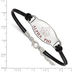 Sterling Silver Rhodium-plated LogoArt Alpha Phi Sorority Symbol Color Enamel Black Leather 7 inch Bracelet with Extender