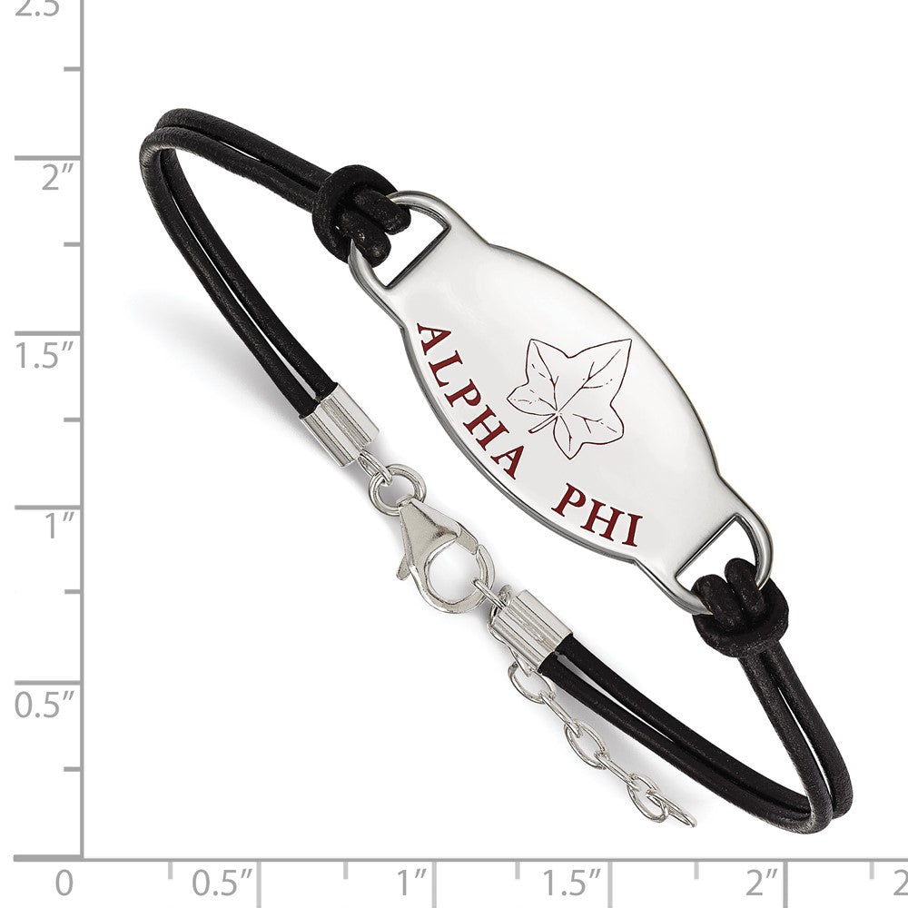 Sterling Silver Rhodium-plated LogoArt Alpha Phi Sorority Symbol Color Enamel Black Leather 7 inch Bracelet with Extender