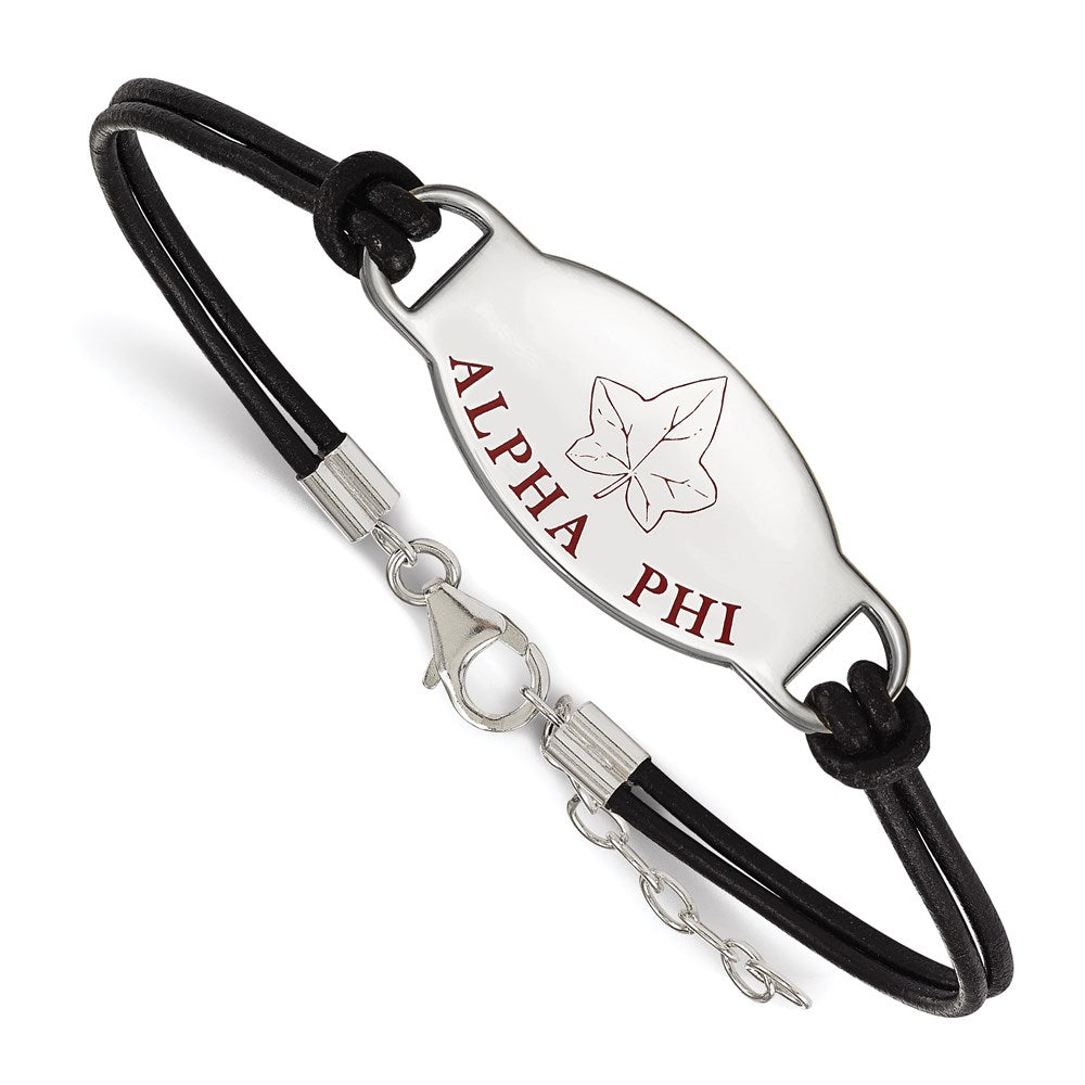 Sterling Silver Rhodium-plated LogoArt Alpha Phi Sorority Symbol Color Enamel Black Leather 7 inch Bracelet with Extender