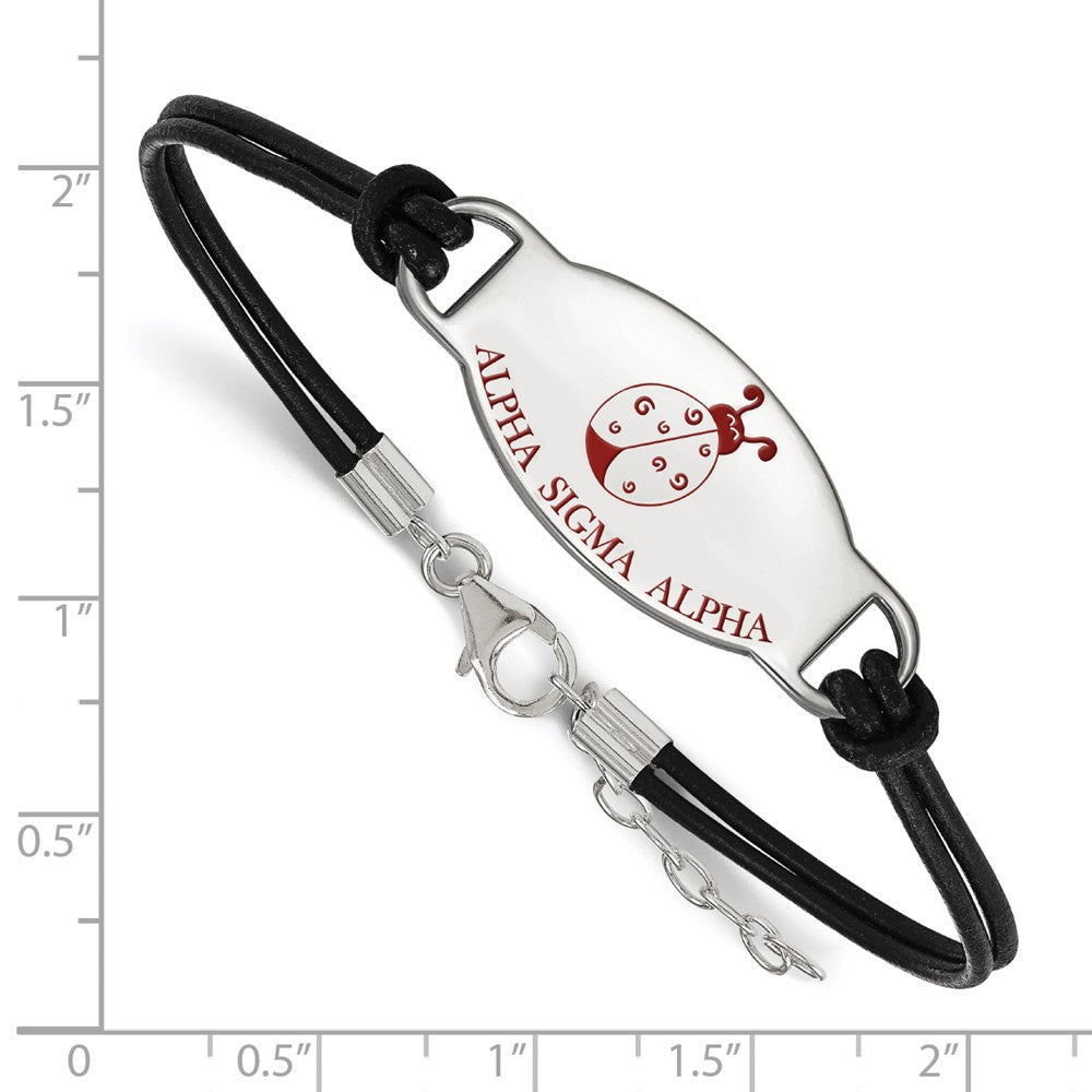 Sterling Silver Rhodium-plated LogoArt Alpha Sigma Alpha Sorority Symbol Color Enamel Black Leather 7 inch Bracelet with Extender