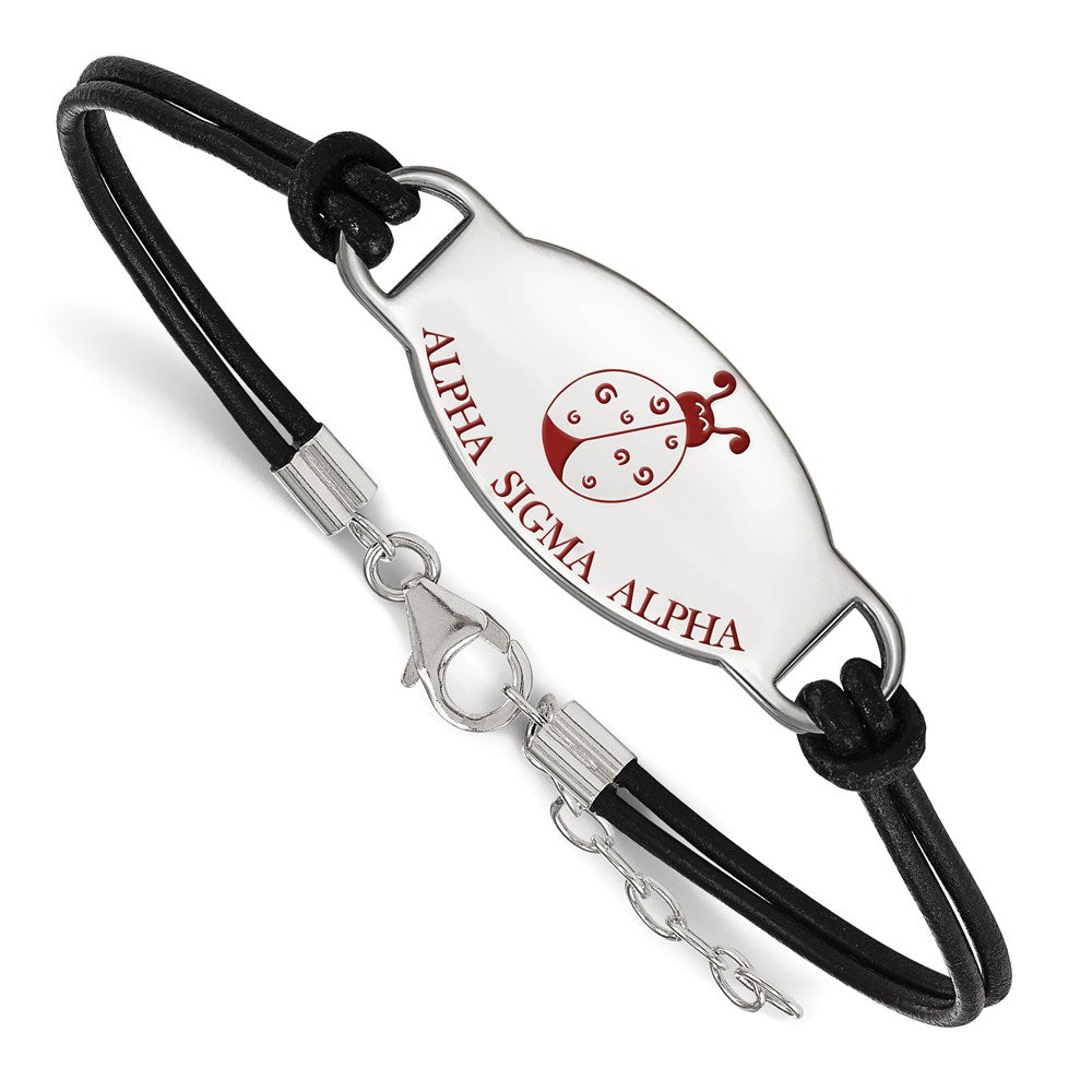 Sterling Silver Rhodium-plated LogoArt Alpha Sigma Alpha Sorority Symbol Color Enamel Black Leather 7 inch Bracelet with Extender