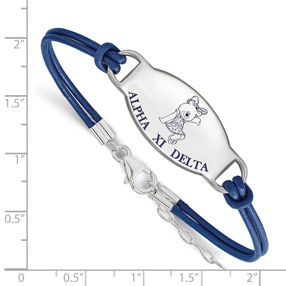Sterling Silver Rhodium-plated LogoArt Alpha Xi Delta Sorority Symbol Color Enamel Color Leather 7 inch Bracelet with Extender