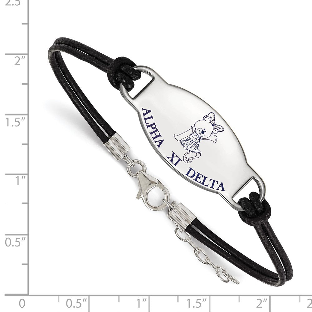 Sterling Silver Rhodium-plated LogoArt Alpha Xi Delta Sorority Symbol Color Enamel Black Leather 7 inch Bracelet with Extender