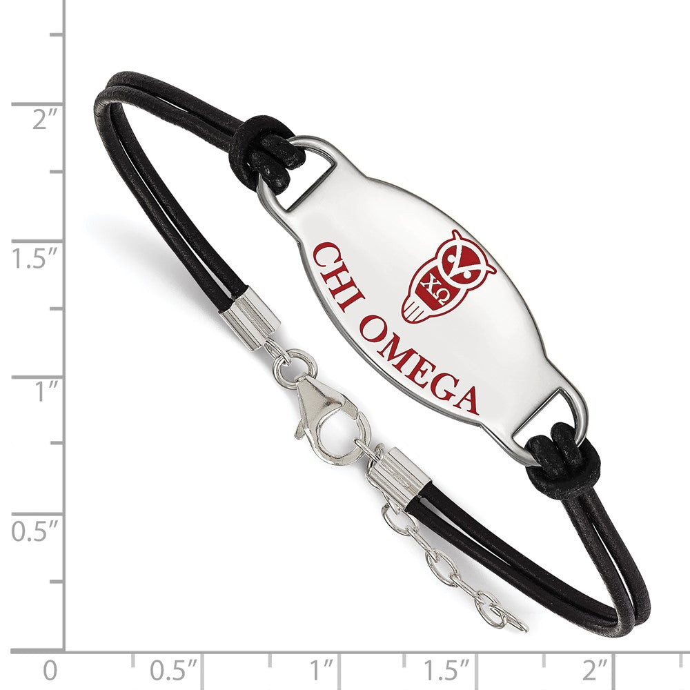 Sterling Silver Rhodium-plated LogoArt Chi Omega Sorority Symbol Color Enamel Black Leather 7 inch Bracelet with Extender