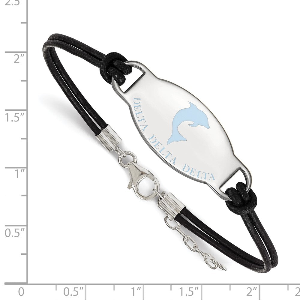 Sterling Silver Rhodium-plated LogoArt Delta Delta Delta Sorority Symbol Color Enamel Color Leather 7 inch Bracelet with Extender