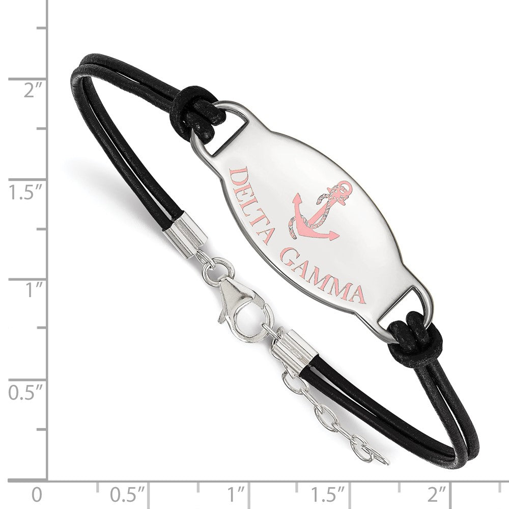 Sterling Silver Rhodium-plated LogoArt Delta Gamma Sorority Symbol Color Enamel Black Leather 7 inch Bracelet with Extender