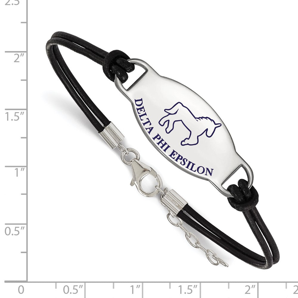 Sterling Silver Rhodium-plated LogoArt Delta Phi Epsilon Sorority Symbol Color Enamel Black Leather 7 inch Bracelet with Extender