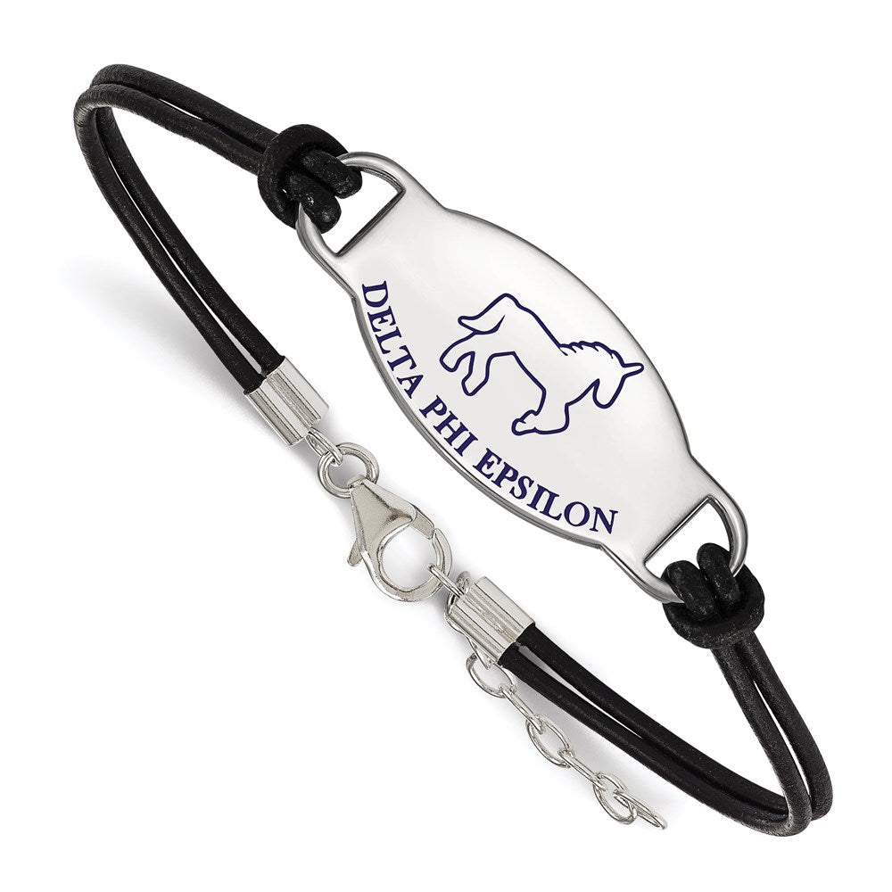 Sterling Silver Rhodium-plated LogoArt Delta Phi Epsilon Sorority Symbol Color Enamel Black Leather 7 inch Bracelet with Extender