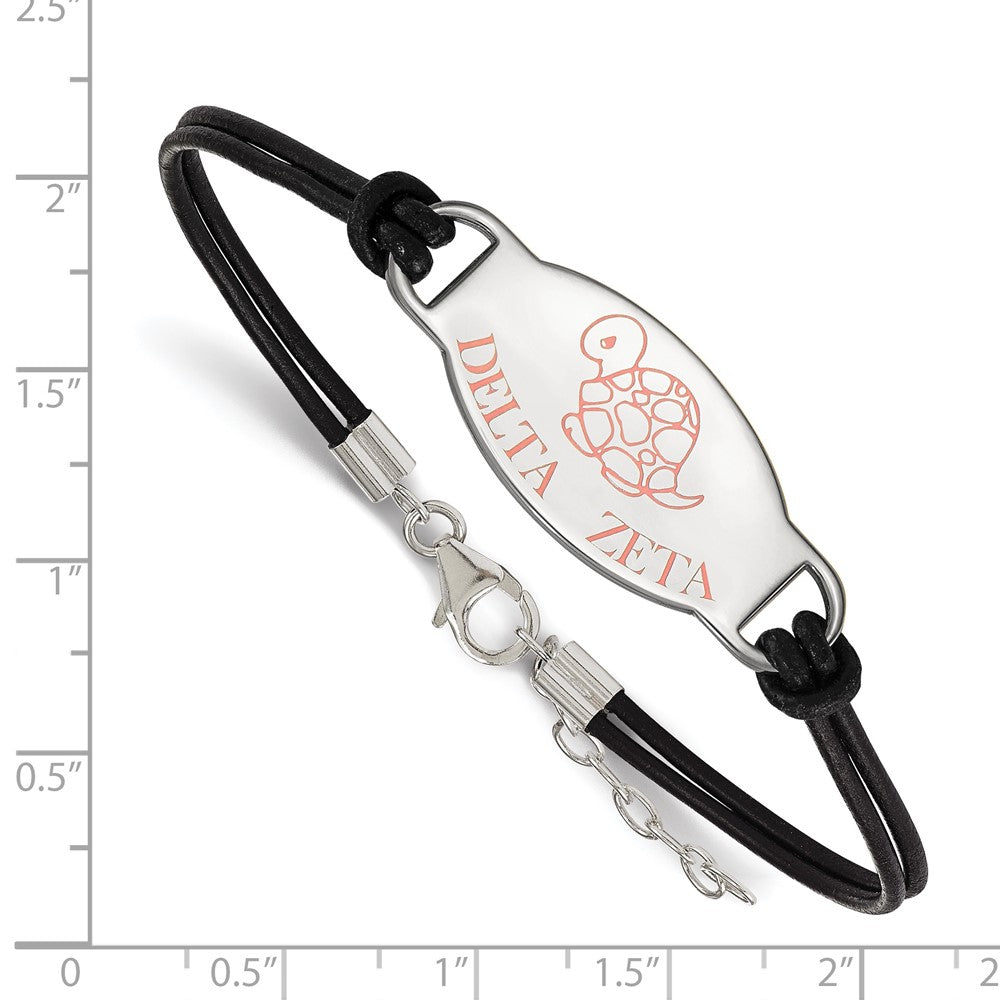 Sterling Silver Rhodium-plated LogoArt Delta Zeta Sorority Symbol Color Enamel Black Leather 7 inch Bracelet with Extender