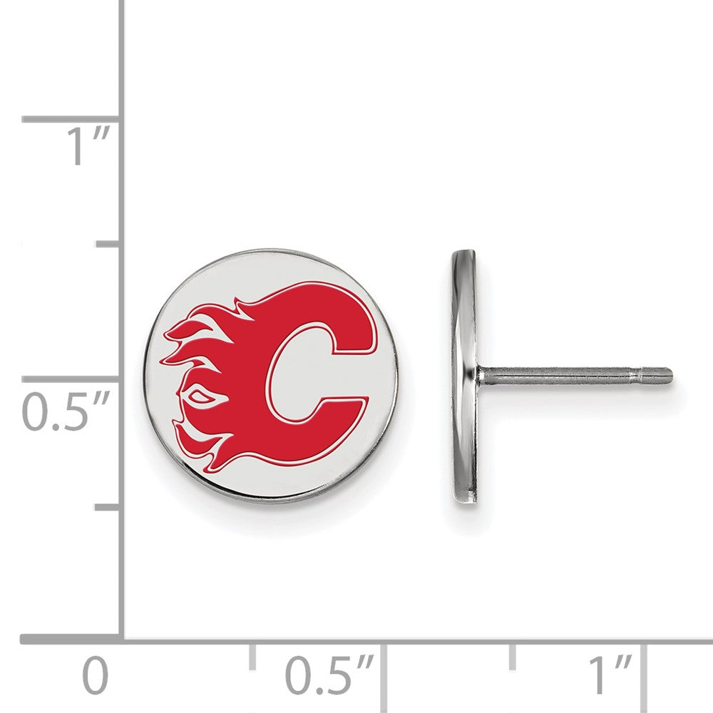 Sterling Silver Rhodium-plated NHL LogoArt Calgary Flames Small Enamel Disc Post Earrings