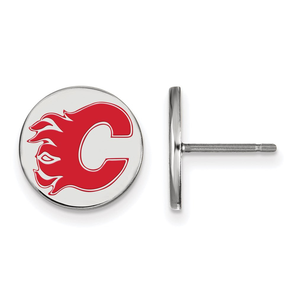 Sterling Silver Rhodium-plated NHL LogoArt Calgary Flames Small Enamel Disc Post Earrings